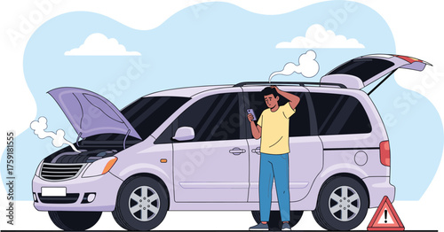 Stressed Man Calling for Roadside Assistance After Car Breakdown on Trip with Overheating Engine in Sunny Weather, Using Phone,  Transportation Trouble Illustration,  Service Request, Flat Design, Car