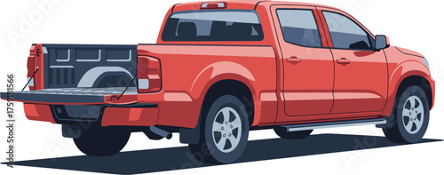 Red Pickup Truck with Open Tailgate Parked on Asphalt in Sunny Urban Environment for Automotive Industry Visuals, Logistics Presentation, Delivery Advertisement, Transportation Illustration, Contempor
