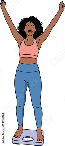 Excited Woman Celebrating Weight Loss Success on Scale at Home, Achieving Fitness Goals, Embracing Healthy Lifestyle, Positive Body Image, Cartoon Illustration for Wellness Programs and Motivation, Co