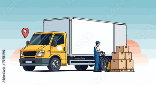 Delivery Truck Unloading with Worker and Boxes Illustration: Logistics Transportation Service, Cargo Shipping, Modern Distribution, Business Delivery, Freight Transport, Yellow Van, Pallet Jack, Carto