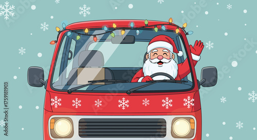 Santa Claus Driving a Festive Red Van Through a Snowy Winter Landscape, Delivering Holiday Cheer and Christmas Spirit, Perfect for Festive Greetings, Advertising, and Seasonal Marketing Materials with