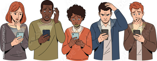 Anxious People Reacting to News on Smartphones with Shocked Expressions, Holding Mobile Devices in Disbelief, Showing Technology Dependence, Communication Breakdown in Modern Society, Digital Stress,