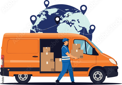 Orange Delivery Van Unloading Boxes for Global Shipping & Logistics: Courier Delivering Parcels with Worldwide Network, Transport Truck for E-Commerce, Freight Service & Cargo, Express Shipment, Inter