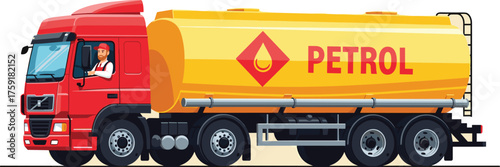 Red Fuel Truck Delivering Petrol: Transportation of Petroleum Products with Driver, Oil Industry Logistics, Gasoline Transport, Road Freight, Cargo Delivery, Commercial Vehicle, Industrial Supply Chai