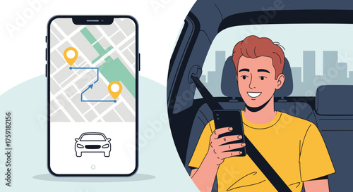 Smiling Young Man Using Navigation App on Smartphone While Riding in Car, Modern Urban Commute with GPS Tracking, Mobile Technology for Transportation and Location Services, Ride Sharing Application,