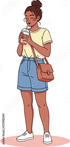 Young Woman Enjoying Refreshing Drink Outdoors on Sunny Day: Casual lifestyle illustration of a brunette girl sipping iced coffee in blue shorts, yellow t-shirt and stylish bag. Summer fashion for adv
