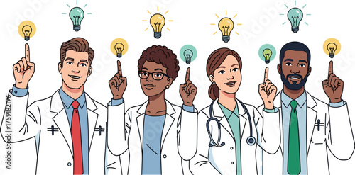 Medical Team Having Eureka Moment Generating Innovative Solutions, Diverse Doctors Pointing Upward at Lightbulbs, Collaboration in Healthcare, Illustration Style, Vector Graphics, Clinic Professionals