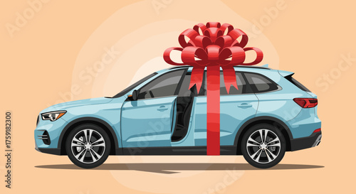 Luxurious Light Blue Crossover SUV Adorned with a Red Bow Gift for a Special Occasion, Sparkling Clean in a Showroom Presentation, Ideal for Transportation, Celebrating Success, Car Ownership, Driving