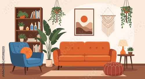 Comfortable Interior Scene with Orange Couch, Blue Armchair, and Tropical Plants in a Living Room for Relaxing at Home, Perfect for Lifestyle Designs and Modern Minimalist Interior Design Presentation