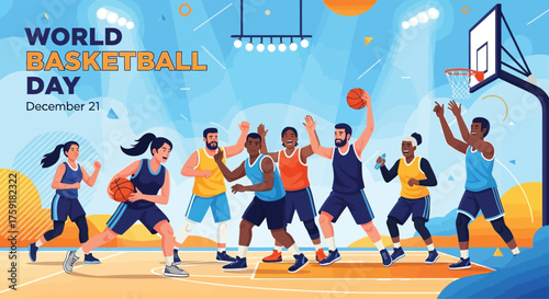 Flat vector poster showing diverse men and women playing basketball together under bright lights, celebrating World Basketball Day, energetic and modern style