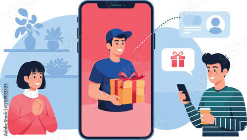 Online Gift Delivery Service with Mobile App: Cheerful Customer Receiving Present from Courier via Smartphone, Connected by Technology for Modern Gifting Experience, Business Solution, Advertising,  M