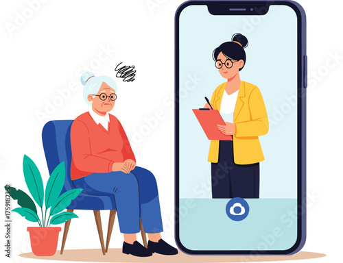 Senior Woman Engages in Teletherapy Session via Smartphone, Receiving Mental Health Support and Online Counseling from Therapist, Offering Virtual Care and Telemedicine from Home in Modern Illustratio