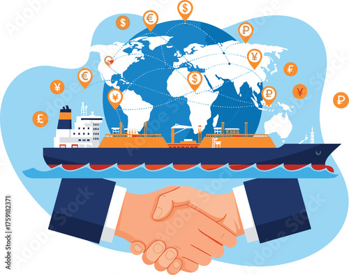 Global Maritime Trade Agreement Handshake with Cargo Ship Delivering Goods Worldwide across Oceans, International Business Partnership for Import Export, Economic Transport Logistics & Finance in Mode