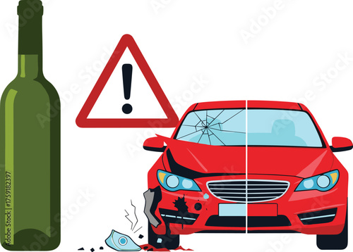 Drunk Driving Accident Illustration: Damaged Car After Collision with Alcohol Bottle, Warning Sign Depicting the Danger, Emphasizing Road Safety Awareness for Responsible Choices and Preventing Injuri