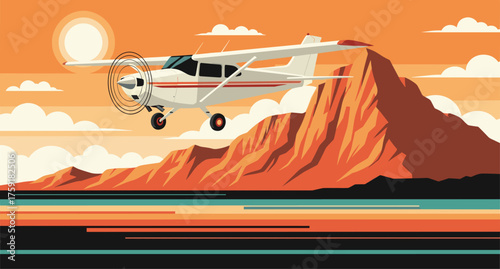 Single-Engine Airplane Flying Over Desert Mountains at Sunset, A Retro-Style Travel Poster for Aviation Enthusiasts, Adventure Seekers, and Landscape Art Lovers. Perfect for Tourism, Exploration, and