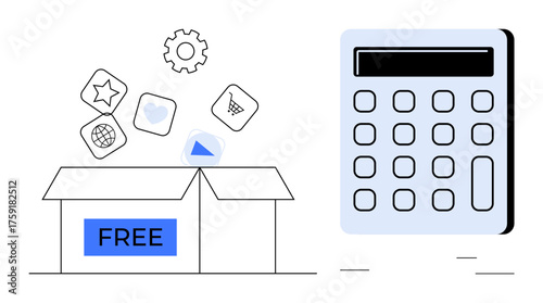Open box labeled free with various tool icons floating out, next to a calculator. Ideal for finance, budgeting, cost analysis, planning, digital tools, saving strategies business decisions. Simple