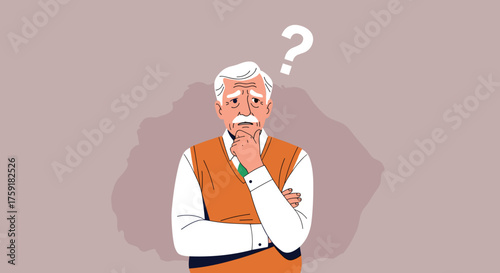 Thoughtful Senior Man Contemplating Decisions in a Minimalist Setting, Depicting Aging, Memory Loss, and Uncertainty for Healthcare, Finance, and Lifestyle Content, Flat Vector Illustration Style for