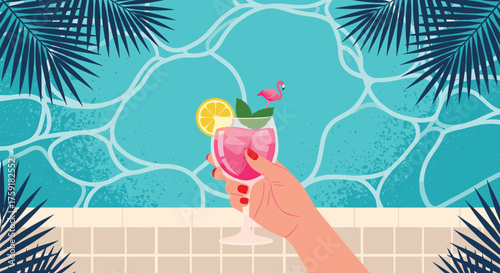 Woman's Hand Holding Summer Cocktail by Swimming Pool: Tropical Vacation Lifestyle, Relaxing Getaway, Creative Graphic Illustration for Travel, Leisure, Modern Design Projects, Advertising, Resort Mar
