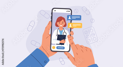 Online Doctor Consultation on Mobile Phone for Telemedicine Healthcare – Patient Communicating with Physician through App for Medical Advice, Virtual Visit, Remote Care, Modern Technology, Professiona