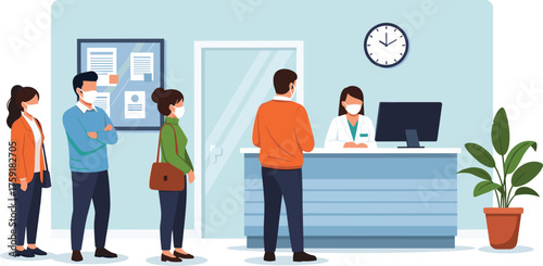 People Waiting at Healthcare Reception Wearing Masks During Pandemic Illustration in Hospital Clinic or Doctor's Office, Social Distancing for Virus Protection, Modern Flat Vector Style, Presentation