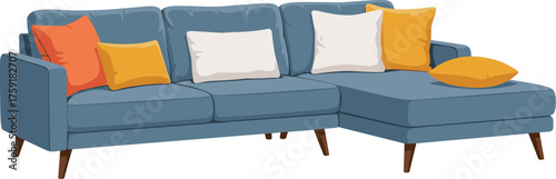 Comfortable Blue Sofa with Pillows Interior Design Element Illustration for Home Decor Marketing, Furniture Advertisement, Interior Design Presentation, Modern Living Room, Stylish Apartment,Relaxatio
