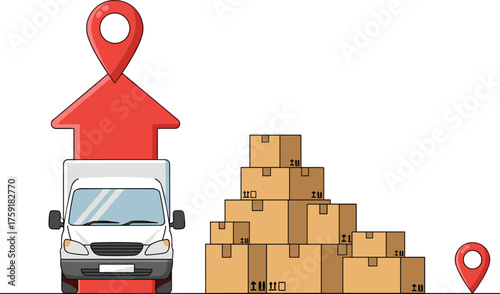 Delivery Truck Transporting Packages to Destination, Logistics and Distribution Services, Warehouse Shipping, Fast Freight, Cargo Van, Red Location Pin, E-commerce Supply Chain Solutions, Import and E