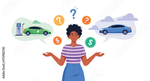 Woman Contemplating Electric Vehicle Purchase Decision, Weighing Cost and Benefits of Eco-Friendly Cars Versus Traditional Gasoline Vehicles, Navigating Finance Options for Sustainable Transportation