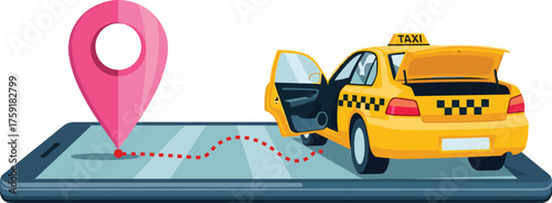 Yellow Taxi with Open Trunk and Door Navigating Digital Route on Smartphone Display: Modern Transportation App for Mobile Travel & Convenient Urban Ride-Sharing Services, Order Online for Business or