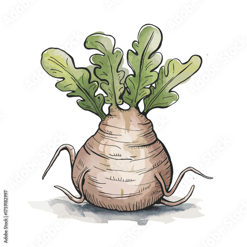 Fresh Kohlrabi Vegetable with Green Leaves Organic Produce Watercolor Style Illustration Transparent Background