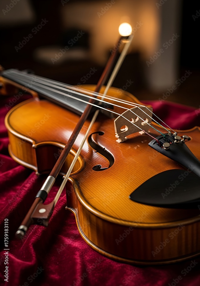 Fototapeta premium Violin and bow on red