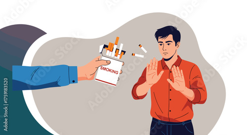 Determined Young Man Refuses Cigarettes Offered, Standing Firm Against Smoking Addiction in a Health-Focused Environment, Promoting Prevention and Wellness through a Modern Lifestyle Choice, Graphic I