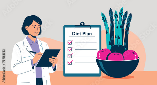 Dedicated Nutritionist Creates Diet Plan with Healthy Food for Balanced Wellness, Consulting Client for Personalized Healthcare, Modern Doctor in Clinic Providing Dietary Recommendations for Weight Lo