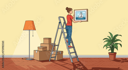 Young Woman Decorating New Home, Hanging Sailboat Art in Sunny Room with Moving Boxes, Ladder and Houseplant, Embracing Lifestyle Change, Interior Design, Home Improvement, Artistic Expression, Wall D