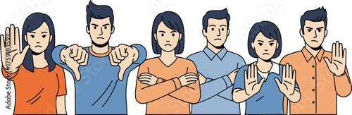 Diverse Group Expressing Disagreement with Hand Gestures in Studio Setting Illustrating Opposition, Negativity, and Dissent for Business, Politics, Social Issues, and Communication Campaigns with Flat