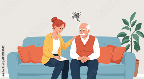 Worried Senior Man Receives Support from Compassionate Counselor on Sofa in Home Setting, Addressing Cognitive Decline and Mental Health Concerns with Empathy for Dementia, Alzheimer's Care in a Comfo