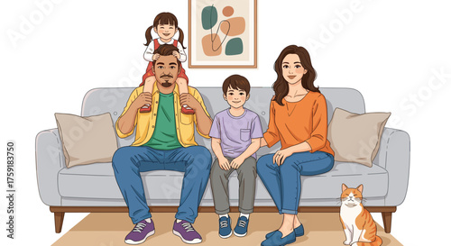 Smiling Family Relaxing Together at Home on Couch with Pet Cat Illustration, Diverse Parents with Children Bonding, Modern Lifestyle Concept for Parenting, Family Values, Advertising, and Cartoon Art