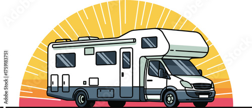 Class C RV Motorhome Camping Adventure: Road Trip Under a Sunset Landscape, Vacation, Holiday, Recreation, Leisure, Travel, Tourism, Campground, Exploration, Outdoor Lifestyle, Motor Vehicle, Journey,