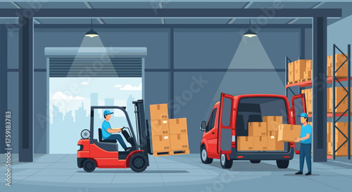 Warehouse Logistics Operation Delivering Boxes with Forklift and Van, Shipping Goods in a Distribution Center, Transporting Cargo for Supply Chain Management, Business Industry Illustration, Modern Pr
