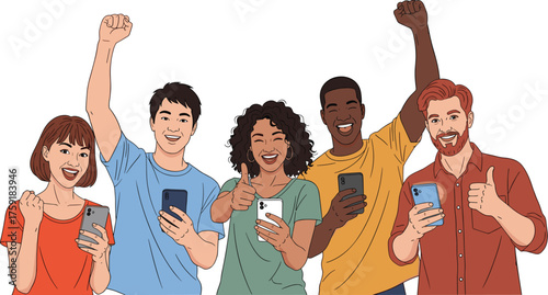 Excited Diverse Group Celebrating Online Success on Smartphones in Modern World, Communication Technology Connecting Multiracial People, Cheerful Friends Enjoying Mobile App, Networking Collaboration,