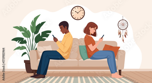 Disconnected Couple Using Smartphones on Couch at Home, Back to Back - Modern Relationship Problems, Communication Breakdown, Social Media Addiction, Technology Isolation, Lifestyle, Mental Health, Il