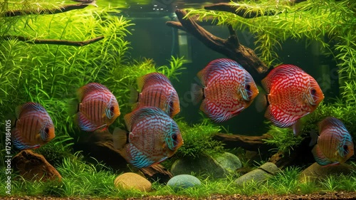 Vibrant tropical fish swimming in a lush freshwater aquarium.