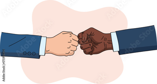 Diverse Business Professionals Fist Bumping in Agreement for Successful Partnership Deal, Achieving Collaborative Goals in Modern Workplace for Corporate Success and Unity, Illustrated in Clean Lines