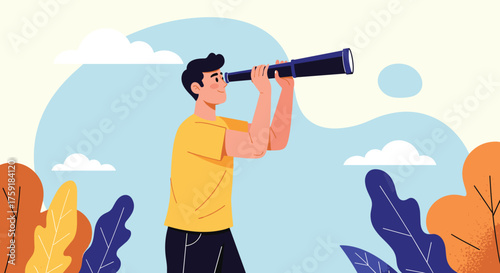 Man Gazing into Future with Telescope in Serene Landscape, Visualizing Opportunities, Foresight and Vision in Business, Optimistic Outlook for Career Goals, Ambition, Strategy, Discovery, Research, Ex