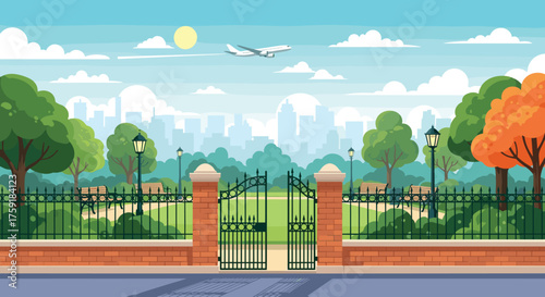 Inviting City Park Illustration with Open Gate Welcoming Visitors to Enjoy Lush Greenery, Benches, Trees, and Calm Atmosphere under Blue Sky as Airplane Flies Overhead, Ideal for Recreation, Travel, a
