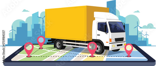 Delivery Truck Navigation on Digital Tablet Displaying Route Across City, Modern Logistics and Distribution Solution for Businesses and Online Retail, Tracking Technology for Supply Chain Management,