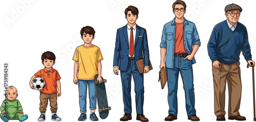 Man's Life Cycle Stages: From Baby to Elderly Adult, Showing Growth and Aging Through Childhood, Adulthood, and Senior Years, Conceptual Illustration for Education, Healthcare, and Generational Studie