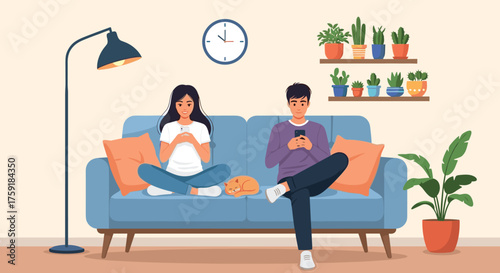 Young Couple Relaxing at Home with Phones, Connected Yet Distant in Modern Living Room Interior, Featuring Blue Sofa, Indoor Plants, and Sleeping Cat. Illustrating Digital Lifestyle, Social Connection