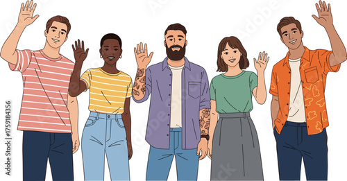 Diverse Group Waving Hello in Modern Office Setting, Expressing Collaboration and Teamwork for Business Presentations, Website Graphics, and Marketing Material with Positive and Friendly Professionali