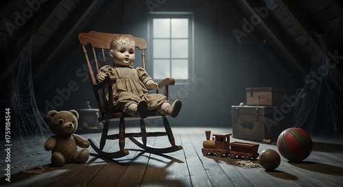 Creepy Attic Scene With Old Doll In Rocking Chair And Spiderwebs