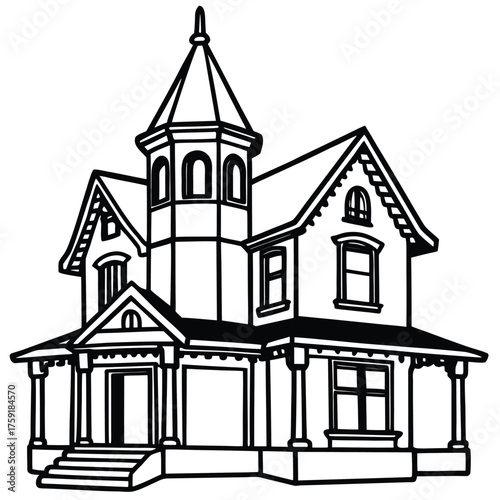 classic victorian home  turret and gable  hand dra.eps